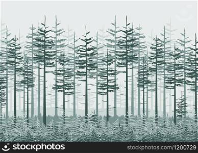 Vector illustration of landscape background with fern forest. Nature background, invitation template with trees, leaf decoration.. Natural background with bracken