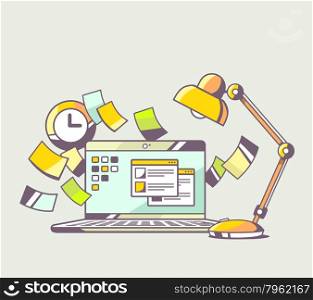 Vector illustration of laptop with flying around documents and desk lamp on color background. Hand draw line art design for web, site, advertising, banner, poster, board and print.