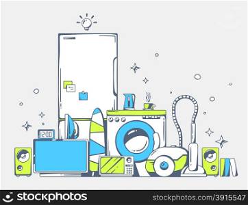 Vector illustration of large pile of blue and green household appliances standing on each other on light gray background. Color line art design for web, site, advertising, banner, poster, board and print.