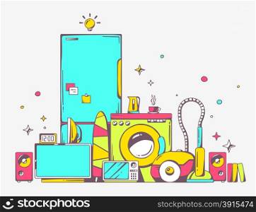 Vector illustration of large pile of bright household appliances standing on each other on light gray background. Color line art design for web, site, advertising, banner, poster, board and print.