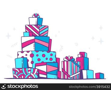 Vector illustration of large pile of red and blue gifts standing on each other on white background. Color line art design for web, site, advertising, banner, poster, board and print.