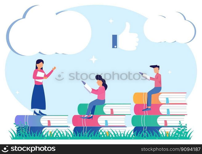 Vector illustration of learning progress as an expansion of the horizons of the educational concept. Gain knowledge with academic study and cognitive academic research. Students support each other.