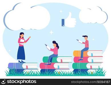 Vector illustration of learning progress as an expansion of the horizons of the educational concept. Gain knowledge with academic study and cognitive academic research. Students support each other.