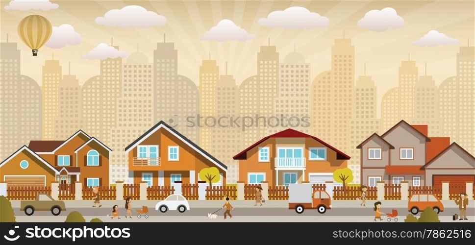 Vector illustration of life in the city in sepia colors