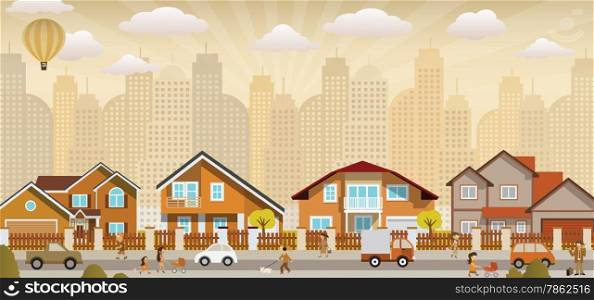 Vector illustration of life in the city in sepia colors