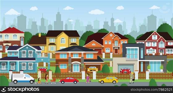 Vector illustration of life in the suburbs (people, buildings, cars)