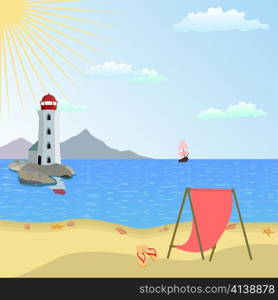 Vector illustration of lighthouse on a beach with boat and reflective sea water
