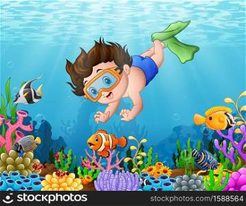Vector illustration of Little boy diving in the sea