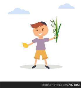 Vector illustration of little boy in Jewish skullcap. Boy holding in hands four species - palm, willow, myrtle , lemon - symbols of Jewish holiday Sukkot. Autumn holiday of Sukkot illustration.