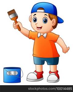 Vector illustration of Little boy painting with paint brush