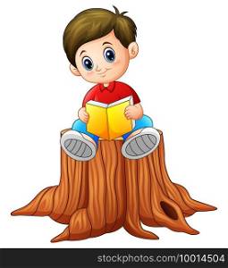 Vector illustration of Little boy reading book on tree stump