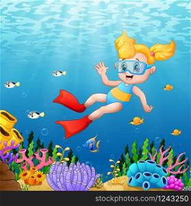 Vector illustration of Little girl diving in the sea