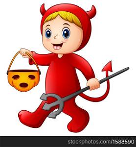Vector illustration of Little girl in halloween red devil costume