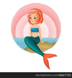 Vector illustration of little girl mermaid with grainy texture on isolated white background. Can be used for poster, print, card, logo, banner design.