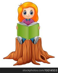 Vector illustration of Little girl reading book over tree stump