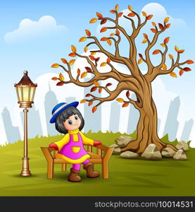 Vector illustration of Little girl sitting on city park bench with town background