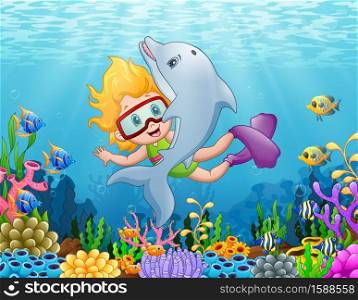 Vector illustration of Little girl with dolphin swimming under the sea