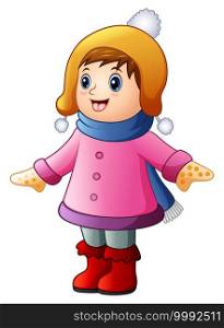Vector illustration of Little happy girl in winter clothes