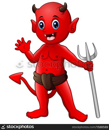 Vector illustration of Little red devil waving