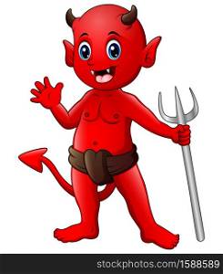 Vector illustration of Little red devil waving