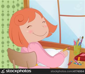 Vector Illustration of little schoolgirl sitting at a desk learning to write
