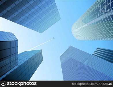 Vector illustration of Looking up at skyscrapers in the blue city and airplane in the sky