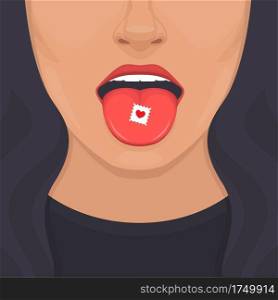 vector illustration of love addiction pill on tongue, sexy woman lips ,open mouth 