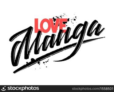 Vector illustration of love manga text for stickers, cards and posters, also suit for accessories and clothing design. Hand drawn calligraphy, lettering, typography for manga lovers.