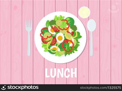 Vector illustration of lunch set on pink table wooden background