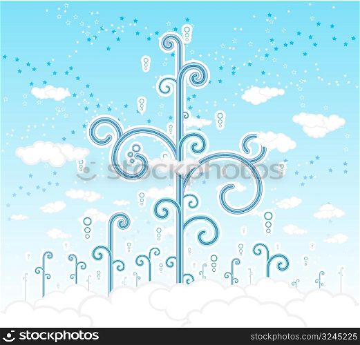 Vector illustration of magical funky curly trees growing on a dreamy cloudscape. Detailed clouds and stars in the sky.