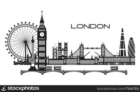 Vector illustration of main landmarks of London. City Skyline vector illustration in black and white colors isolated on white background. Set of vector silhouette illustration of landmarks of London, England.