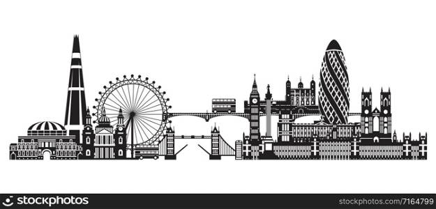 Vector illustration of main landmarks of London. City Skyline vector illustration in black color isolated on white background. Panoramic silhouette illustration of landmarks of London, England.