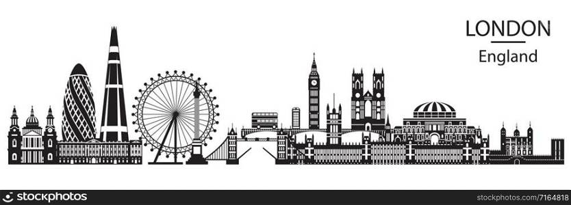 Vector illustration of main landmarks of London. City Skyline vector illustration in black color isolated on white background. Panoramic monochrome silhouette illustration of landmarks of London, England.