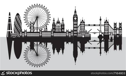 Vector illustration of main landmarks of London with reflection. City Skyline vector illustration isolated on white background. Panoramic monochrome silhouette illustration of landmarks of London, England.