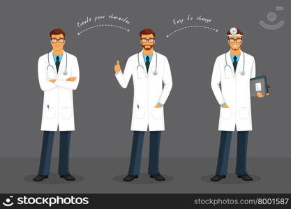 Vector illustration of Man doctor in various poses. Man doctor in various poses