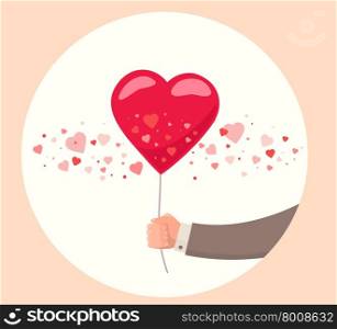 Vector illustration of man hand holding red balloon on white background. Art design for Valentine&rsquo;s Day greetings and card, web, banner, poster, flyer, brochure, print.