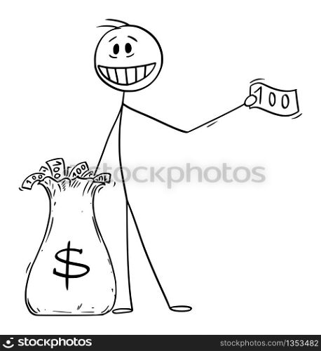Vector illustration of man, politician or businessman giving money away from dollar bag. Concept of quantitative easing and recession.. Vector Cartoon Illustration of Man or Businessman Giving Money Away From Dollar Bag