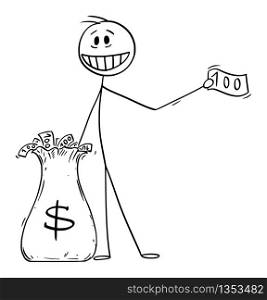Vector illustration of man, politician or businessman giving money away from dollar bag. Concept of quantitative easing and recession.. Vector Cartoon Illustration of Man or Businessman Giving Money Away From Dollar Bag