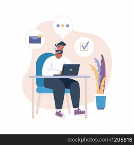 Vector illustration of man with headset working with laptop. Business, study infographics, online training, freelance, customer service. Communication in flat icon colors. UI design illustration. Vector illustration of man with headset working with laptop