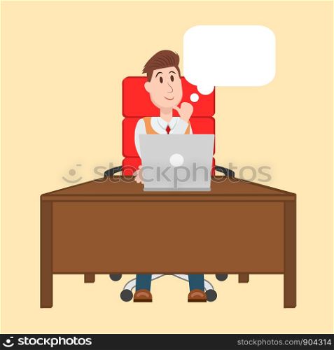 Vector illustration of man working on the computer, sitting at the table on red chair and thinking
