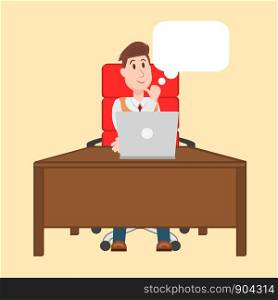 Vector illustration of man working on the computer, sitting at the table on red chair and thinking