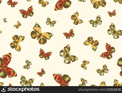 Vector illustration of many funky butterflies of different colors flying around. Seamless Pattern.