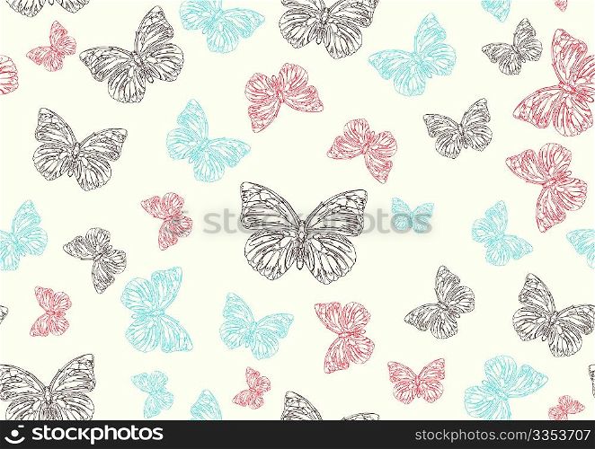 Vector illustration of many funky hand-drawn butterflies of different size flying around . Seamless Pattern.