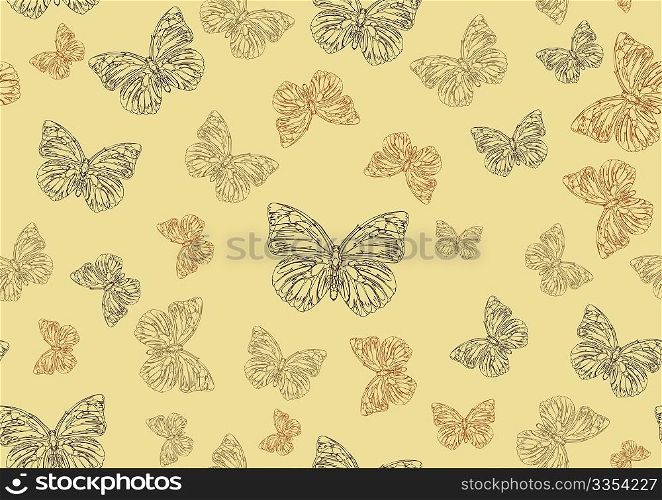 Vector illustration of many funky hand-drawn butterflies of different size flying around . Seamless Pattern.