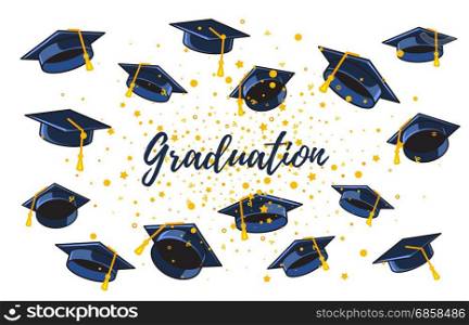 Vector illustration of many graduate caps and confetti on a white background with text. Congratulation graduates. Caps thrown up. Design of greeting, banner, invitation card for the graduation party with hat