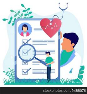 Vector illustration of medical records examining a patient from a hospital doctor. Documents with disease and health or disease progress, diagnosis and treatment.