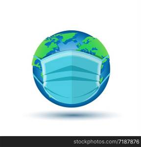 Vector illustration of medical respiratory mask protecting the world. Pollution protect globe. Breathing medical respiratory mask the world