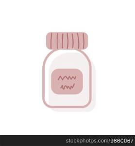 Vector illustration of medicine vial with a label and a scrawl. Isolated flat bottle for tablets, capsules, vitamins or supplements. Element of medical and pharma concept