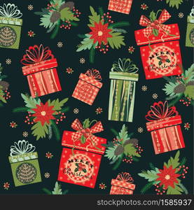 Vector illustration of Merry Christmas gifts. Design elements for posters, flyers, graphics module, paper, wallpaper. Seamless pattern.. Vector illustration of Merry Christmas gifts. Seamless pattern.