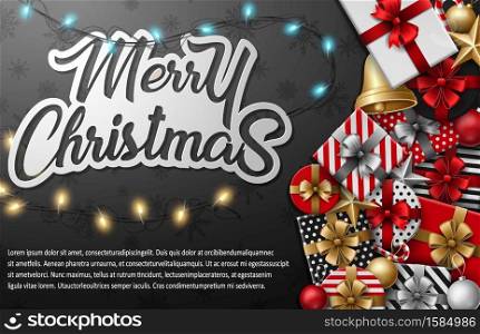 Vector illustration of Merry christmas typographical with different gift box and christmas elements on black background